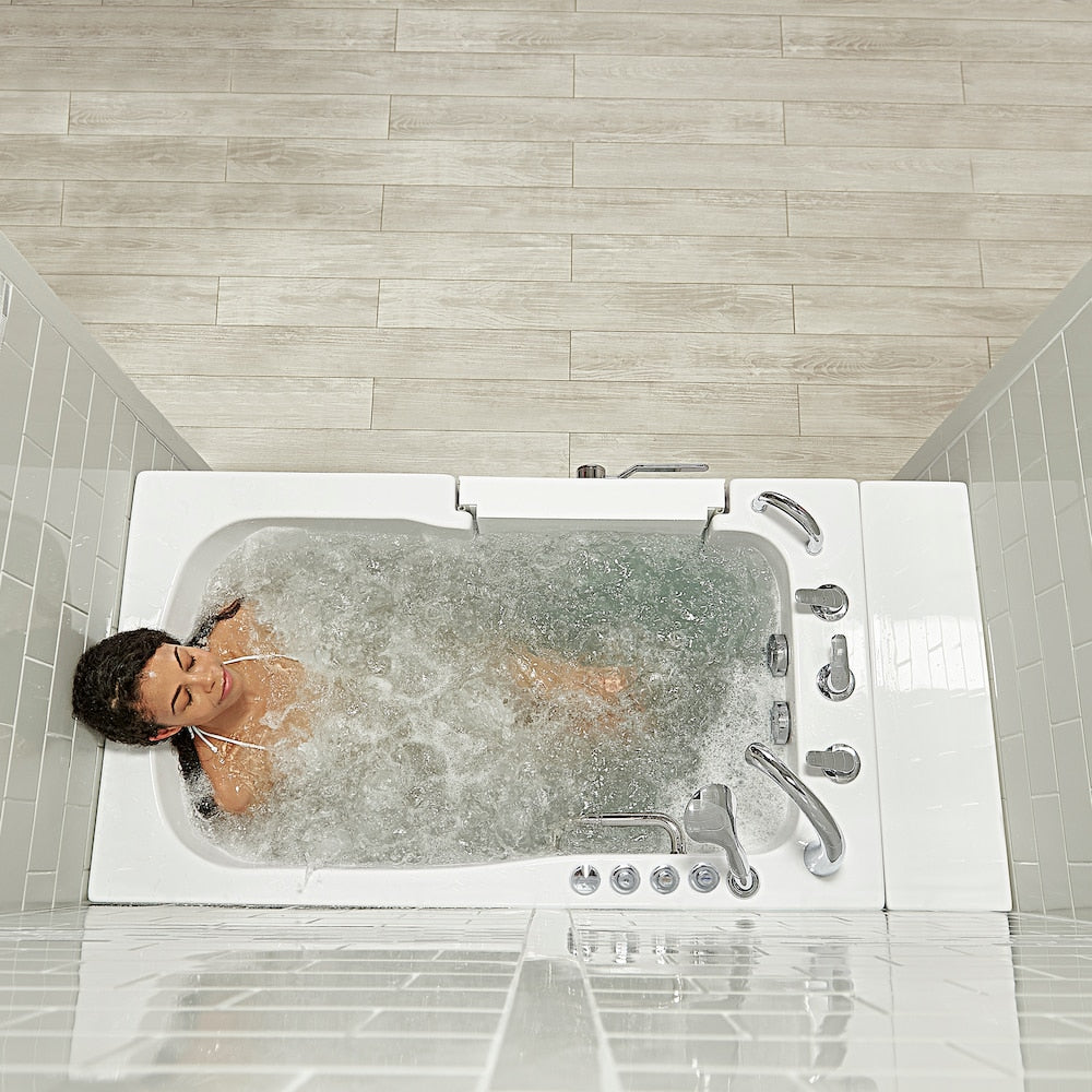 Baignoire à accès direct Capri de 4 pi 4 po à double drain et bain à remous avec siège chauffant en blanc
