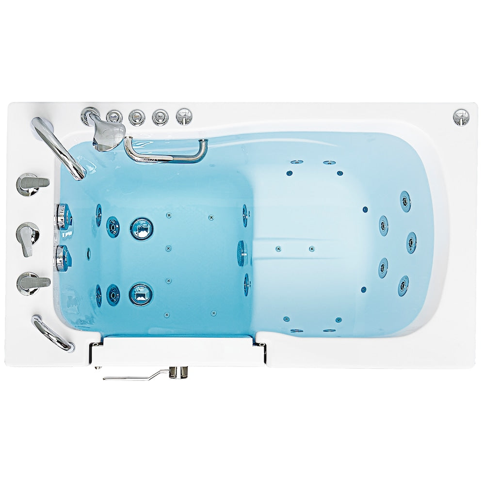 Baignoire à accès direct Capri de 4 pi 4 po à double drain et bain à remous avec siège chauffant en blanc
