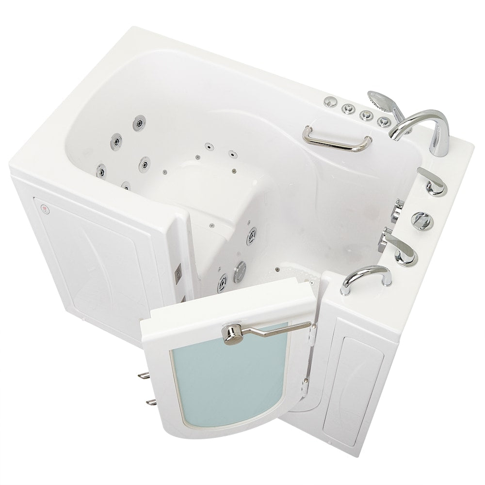 Baignoire à accès direct Capri de 4 pi 4 po à double drain et bain à remous avec siège chauffant et bain à remous à droite en blanc