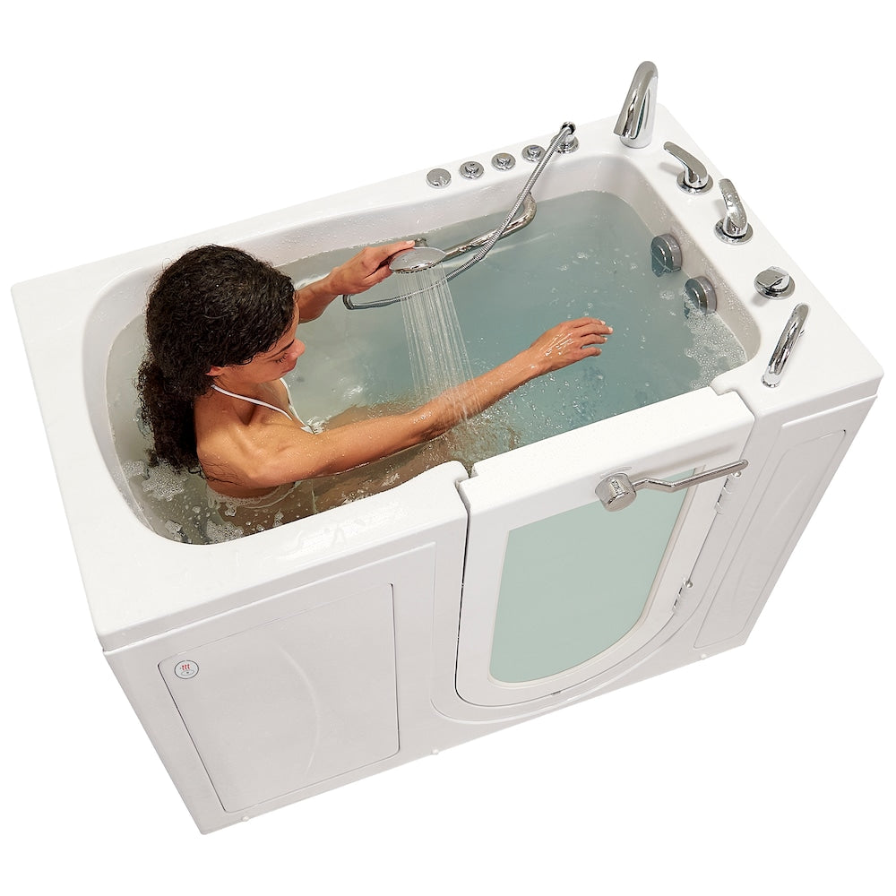 Baignoire à accès direct Capri de 4 pi 4 po à double drain et bain à remous avec siège chauffant et bain à remous à droite en blanc