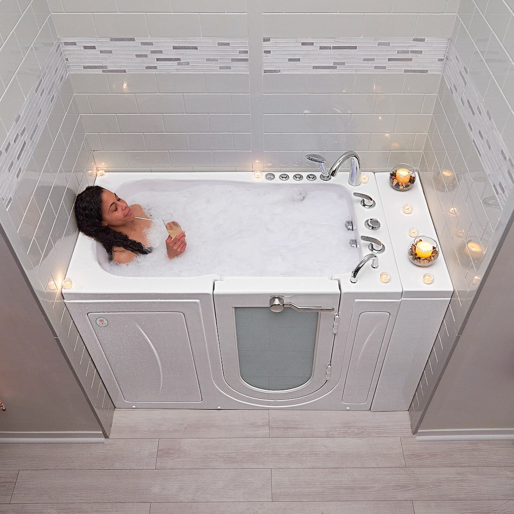 Baignoire à accès direct Capri de 4 pi 4 po à double drain et bain à remous avec siège chauffant et bain à remous à droite en blanc