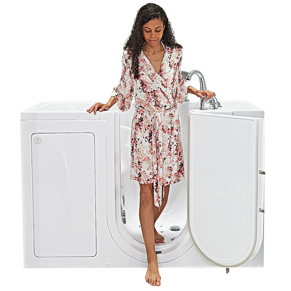 Baignoire à accès direct Capri de 4 pi 4 po à double drain et bain à remous avec siège chauffant et bain à remous à droite en blanc