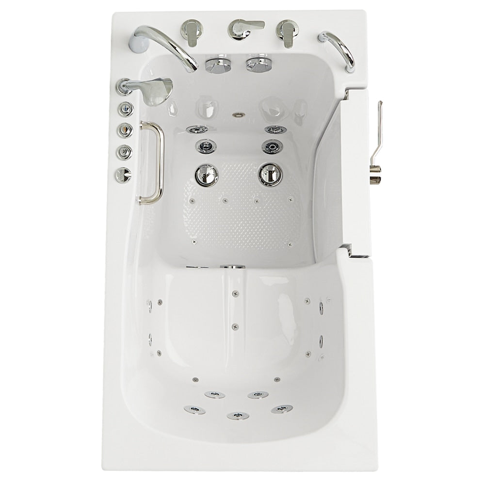 Baignoire à accès direct Capri de 4 pi 4 po à double drain et bain à remous avec siège chauffant et bain à remous à droite en blanc