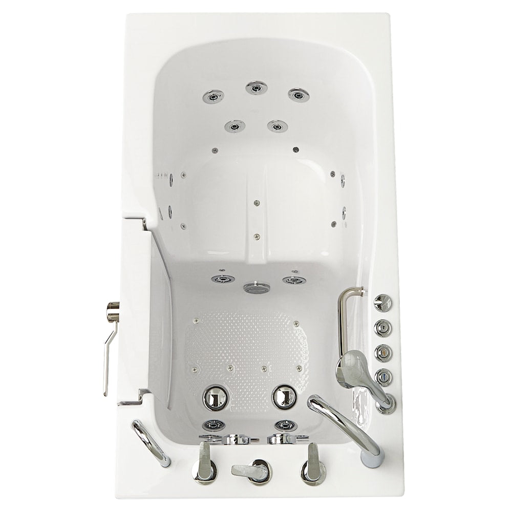 Baignoire à accès direct Capri de 4 pi 4 po à double drain et bain à remous avec siège chauffant et bain à remous à droite en blanc