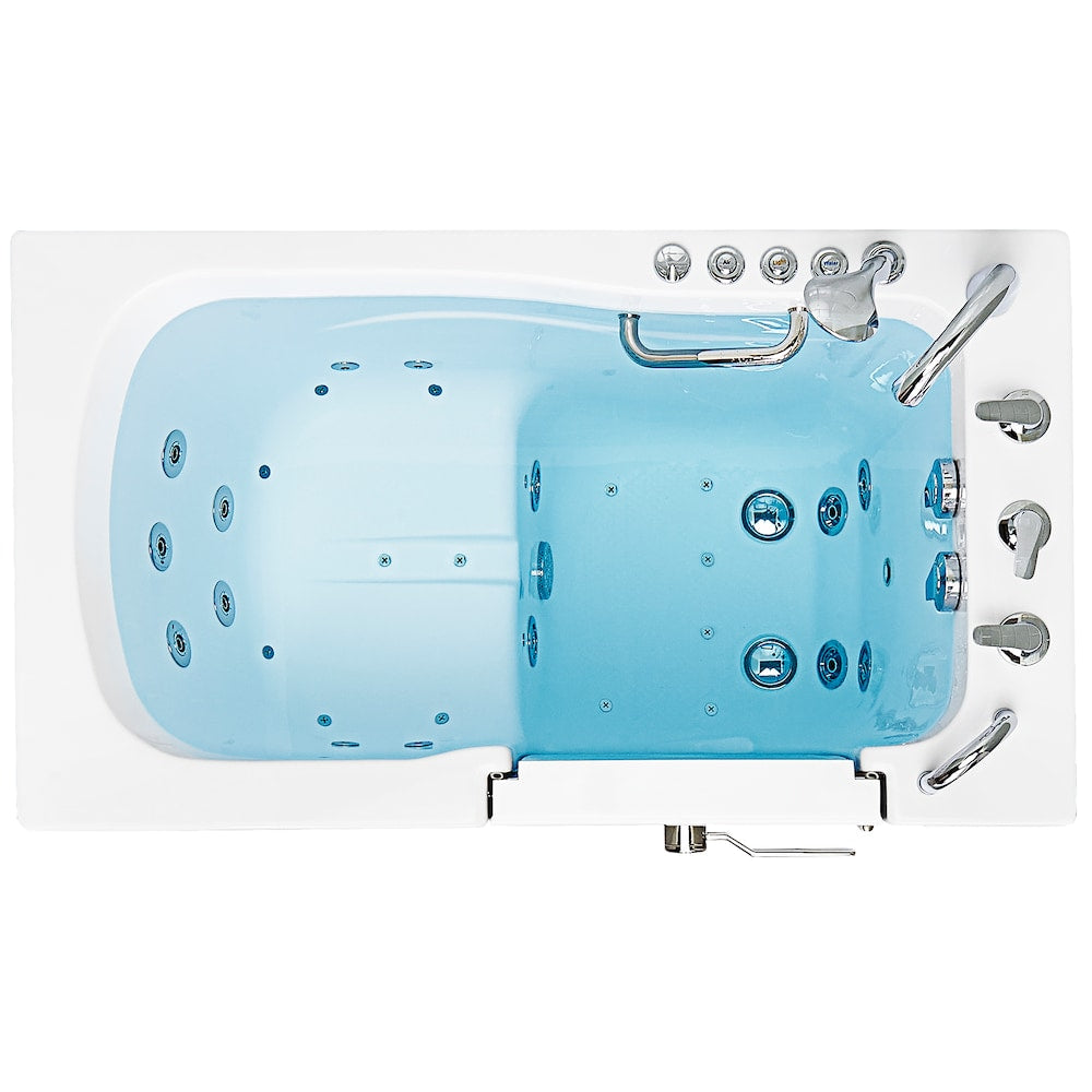 Baignoire à accès direct Capri de 4 pi 4 po à double drain et bain à remous avec siège chauffant et bain à remous à droite en blanc