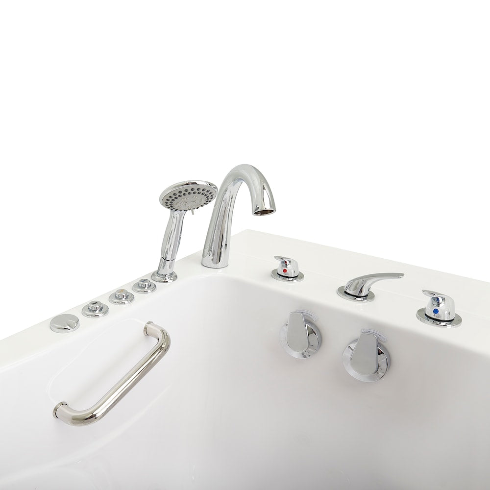 Baignoire à accès direct Capri de 4 pi 4 po à double drain et bain à remous avec siège chauffant et bain à remous à droite en blanc
