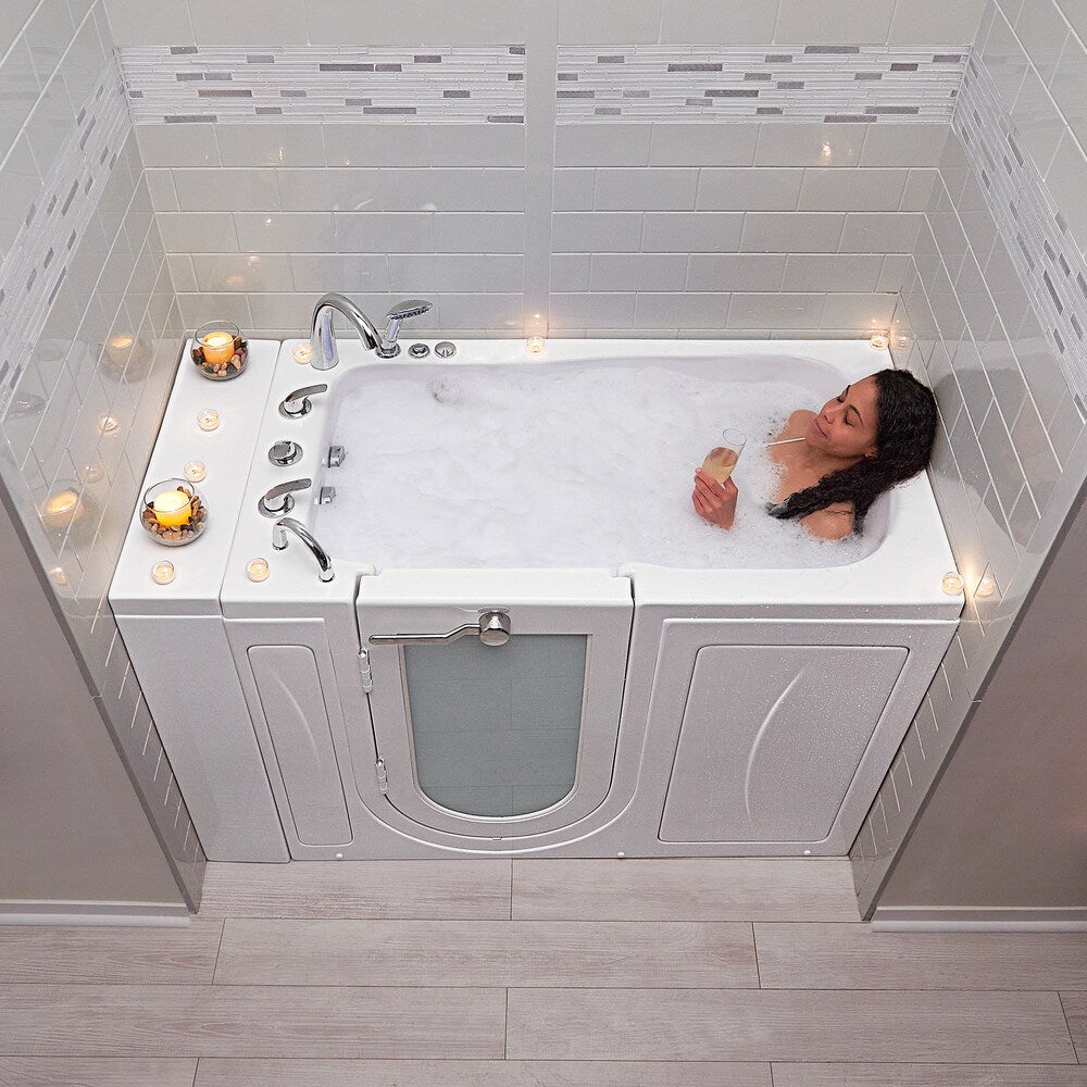 Baignoire balnéo à accès direct Capri de 4 pi 4 po à double drain à gauche en blanc avec robinet à remplissage rapide