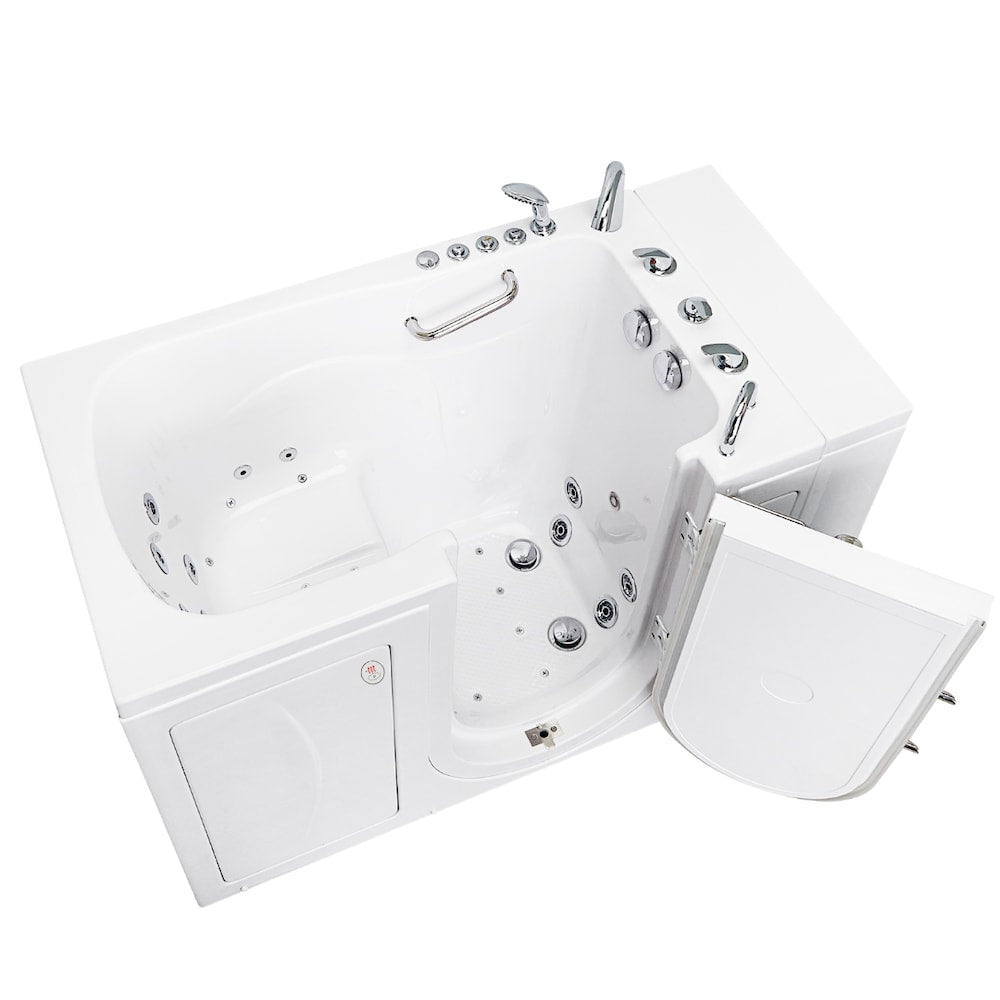 Baignoire à accès direct à l'air et au bain à remous Monaco de 4 pi 4 po à double drain à droite en blanc avec siège chauffant