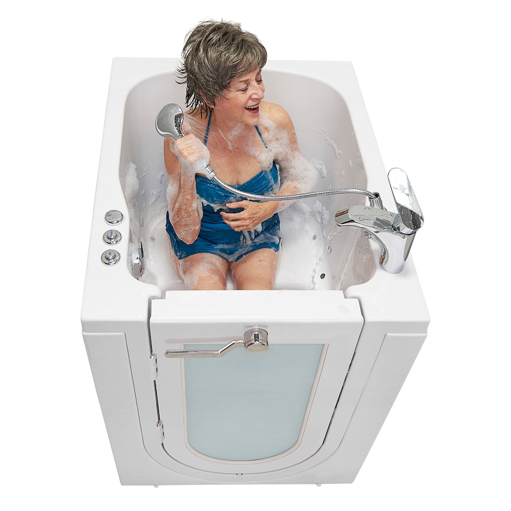 Baignoire à l'italienne à remous et à air de 3 pi 4 po en blanc avec robinet à remplissage rapide, porte à gauche