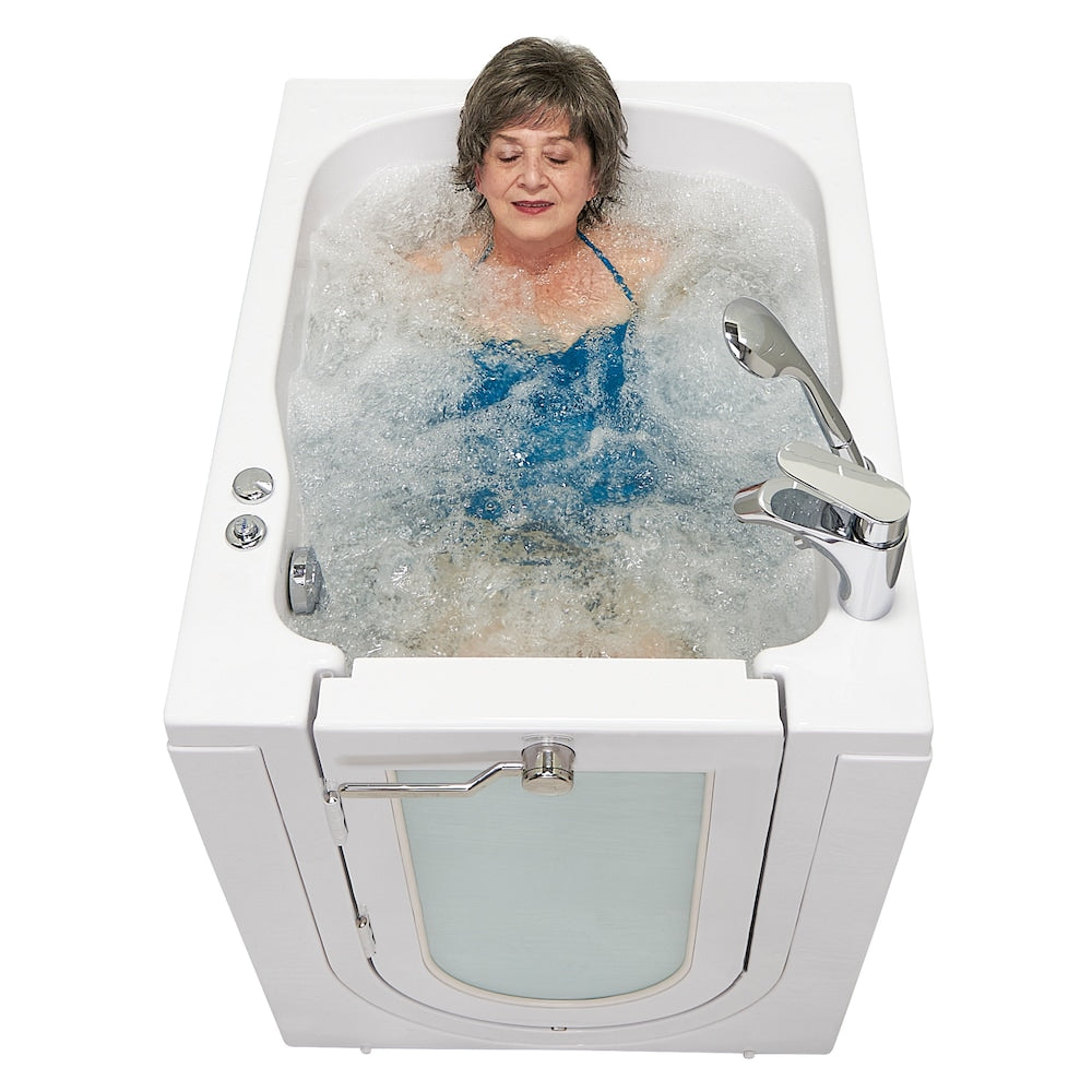 Baignoire à remous avant de 3 pi 4 po en blanc avec robinet à remplissage rapide, porte à gauche