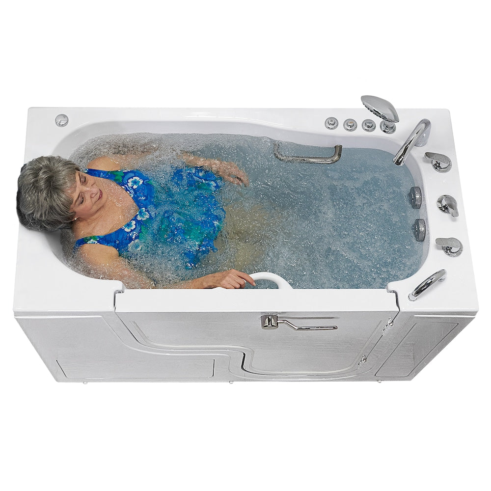 Baignoire à remous et à air de plain-pied de 32 pi 4 po avec drain à droite en blanc avec robinet