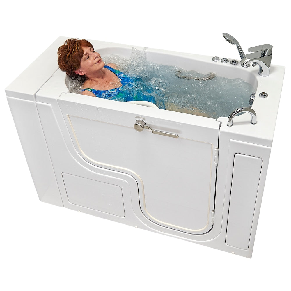 Baignoire à remous et à air de plain-pied de 26 pi 4 po avec drain à droite en blanc avec robinet