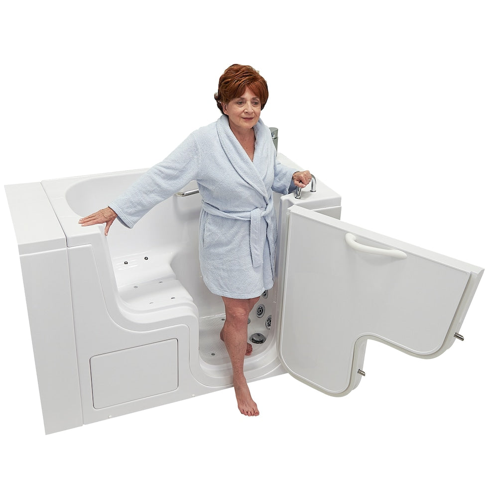 Baignoire à remous et à air de plain-pied de 26 pi 4 po avec drain à droite en blanc avec robinet