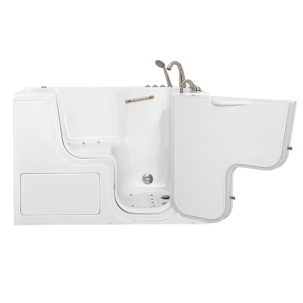 Baignoire à remous et à air de 60 po avec drain à droite et transfert en fauteuil roulant, blanche, avec robinet