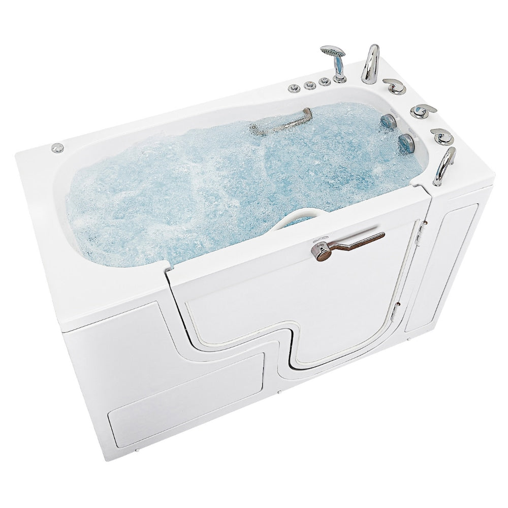Baignoire à remous et à air de 60 po avec drain à droite et transfert en fauteuil roulant, blanche, avec robinet