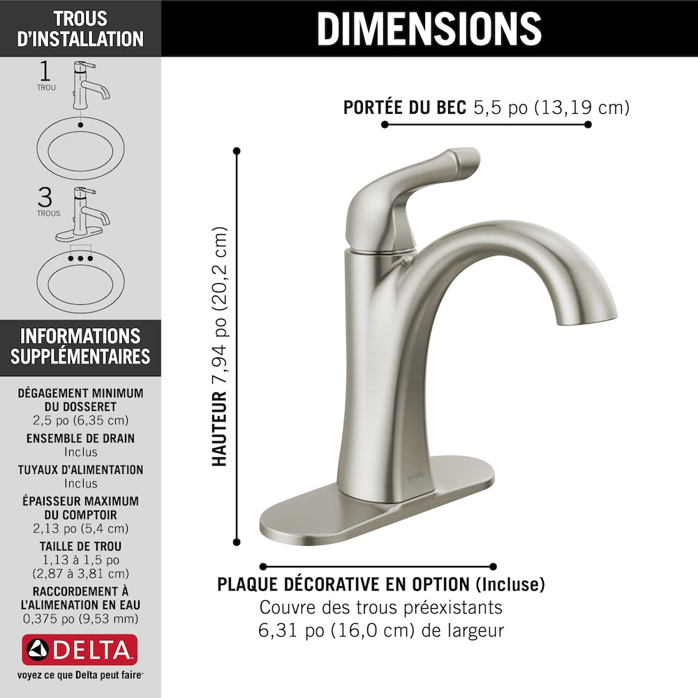 Robinet de lavabo de salle de bain à poignée unique à trou unique Arvo, montage sur pont, en nickel brossé Spotshield
