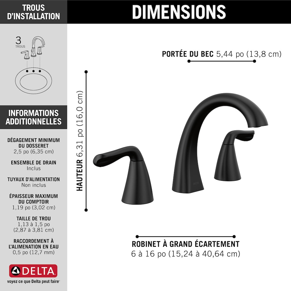 Robinet de lavabo de salle de bain à 2 poignées de 8 po Arvo en noir mat