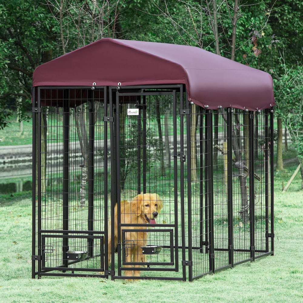 Outdoor Dog Kennel, Pet Playpen Crate, Welded Wire Steel Fence, with Water-, UV-Resistant Canopy