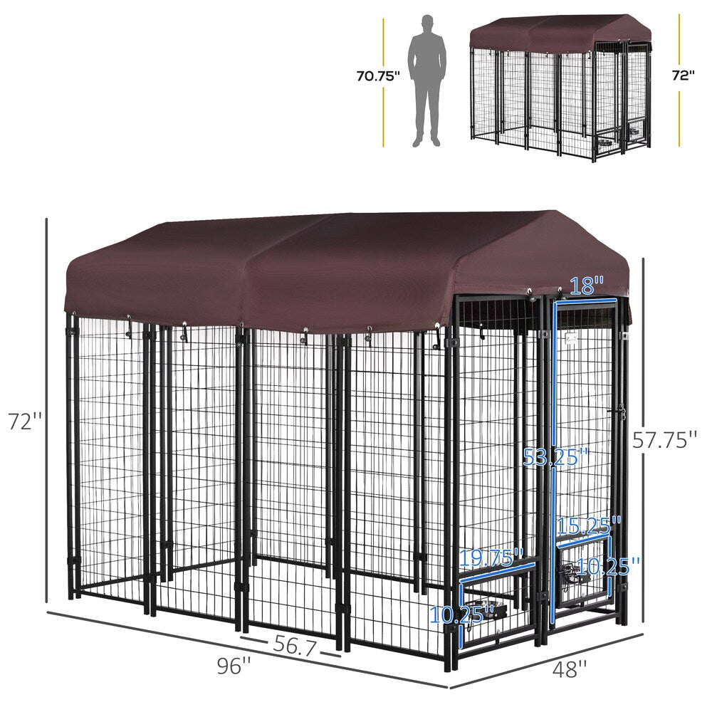 Outdoor Dog Kennel, Pet Playpen Crate, Welded Wire Steel Fence, with Water-, UV-Resistant Canopy