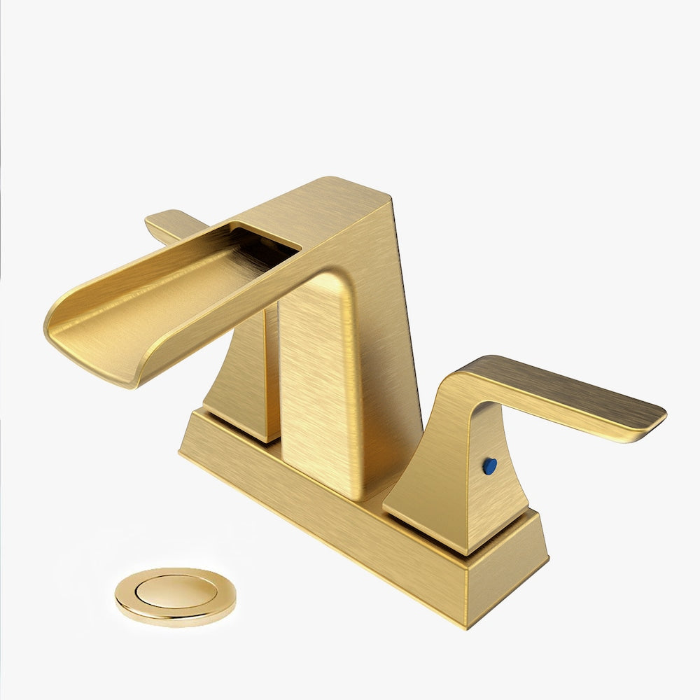 4 inch Centerest Double Handle Bathroom Sink Faucet with Drain Assembly in Brushed Gold