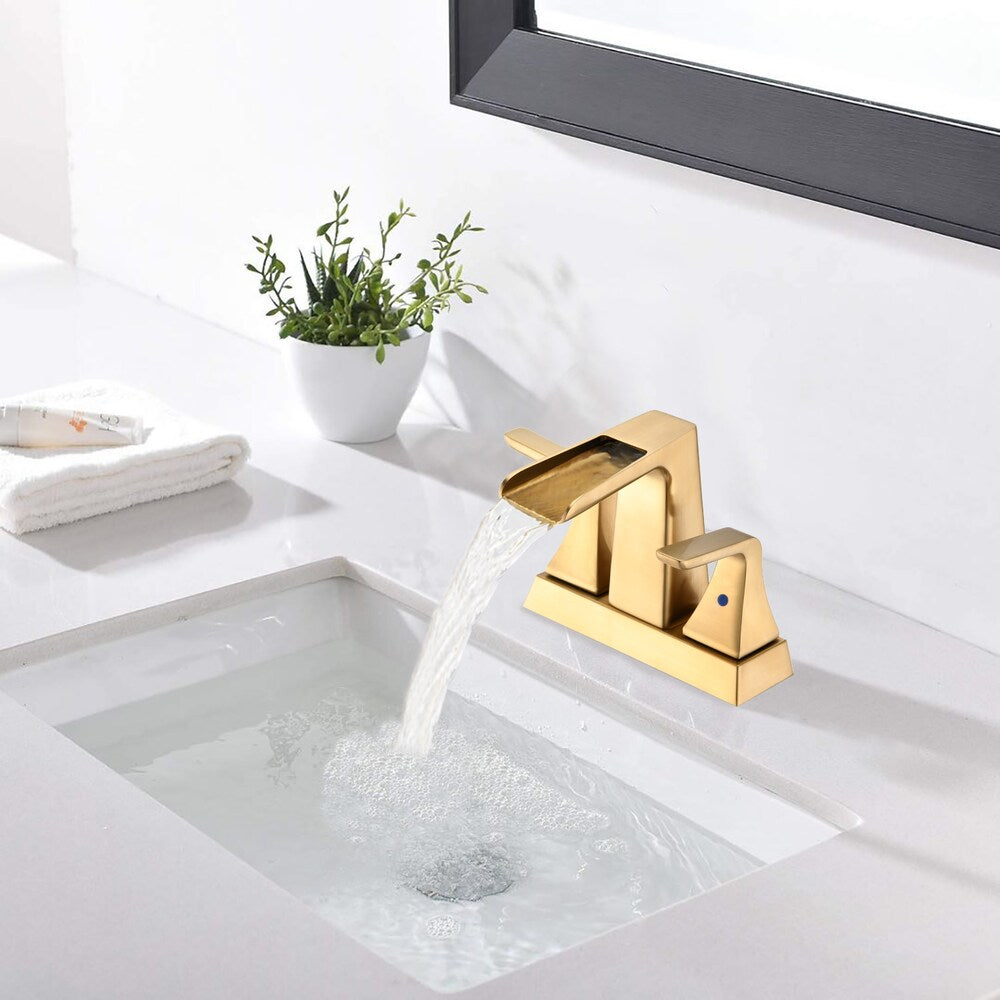 4 inch Centerest Double Handle Bathroom Sink Faucet with Drain Assembly in Brushed Gold