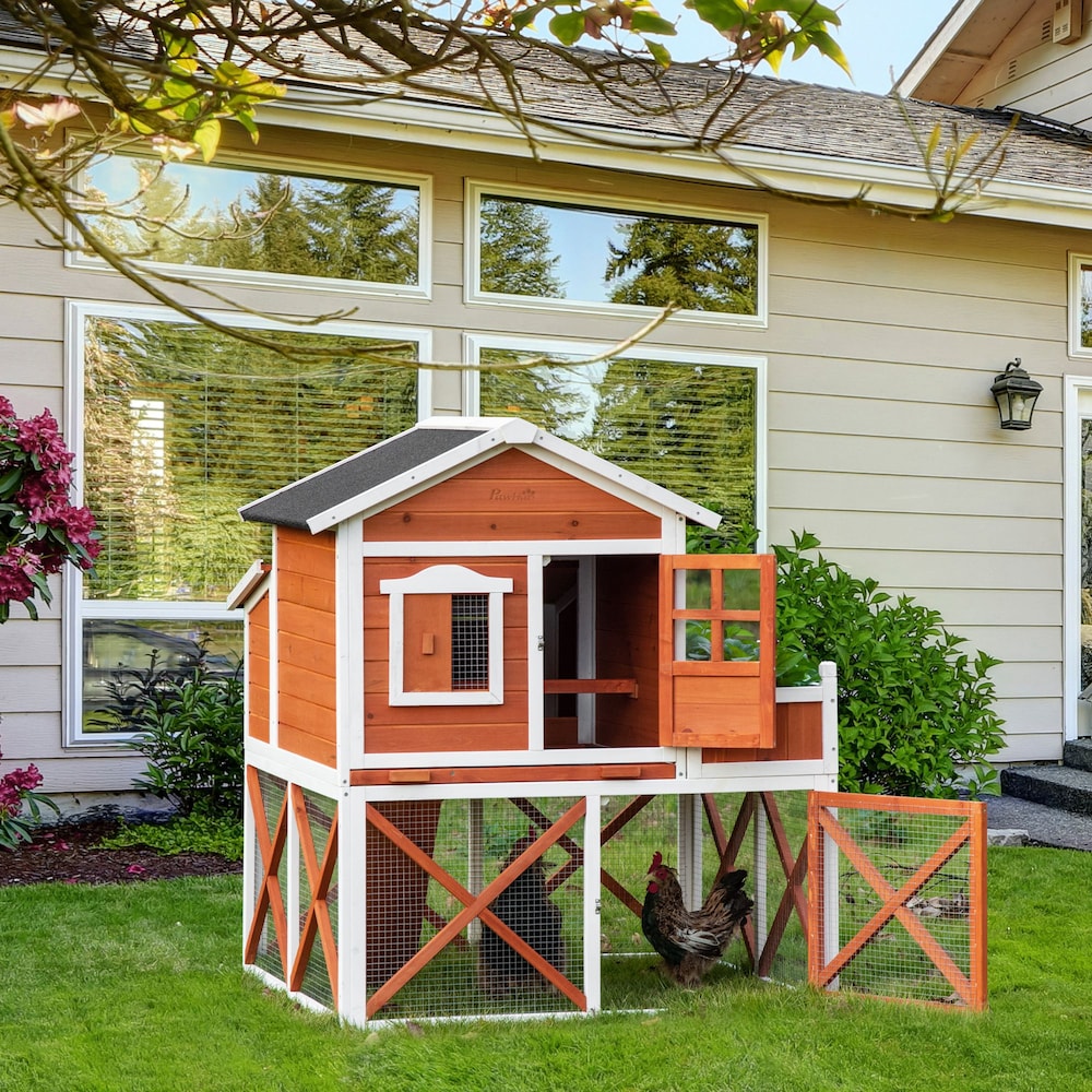 44" Chicken Coop, Wooden House, Rabbit Hutch with Nesting Box, Asphalt Roof, Removable Tray