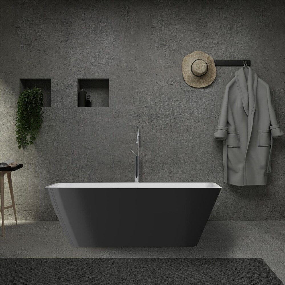 Baignoire autoportante rectangulaire en acrylique Hannah de 60 po x 30 po avec drain central en noir et blanc