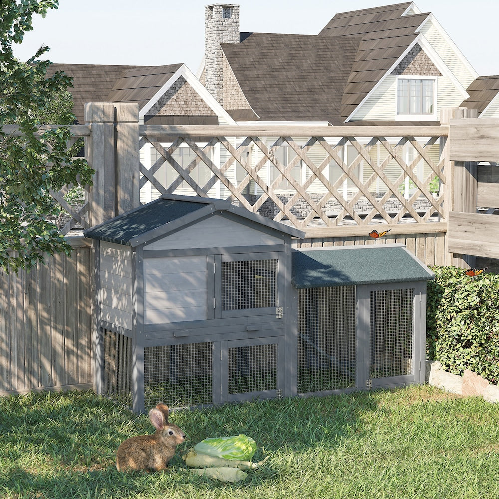 Wood Rabbit Hutch Backyard Bunny Cage Small Animal House Asphalt Roof w/ Ramp and Outdoor Run