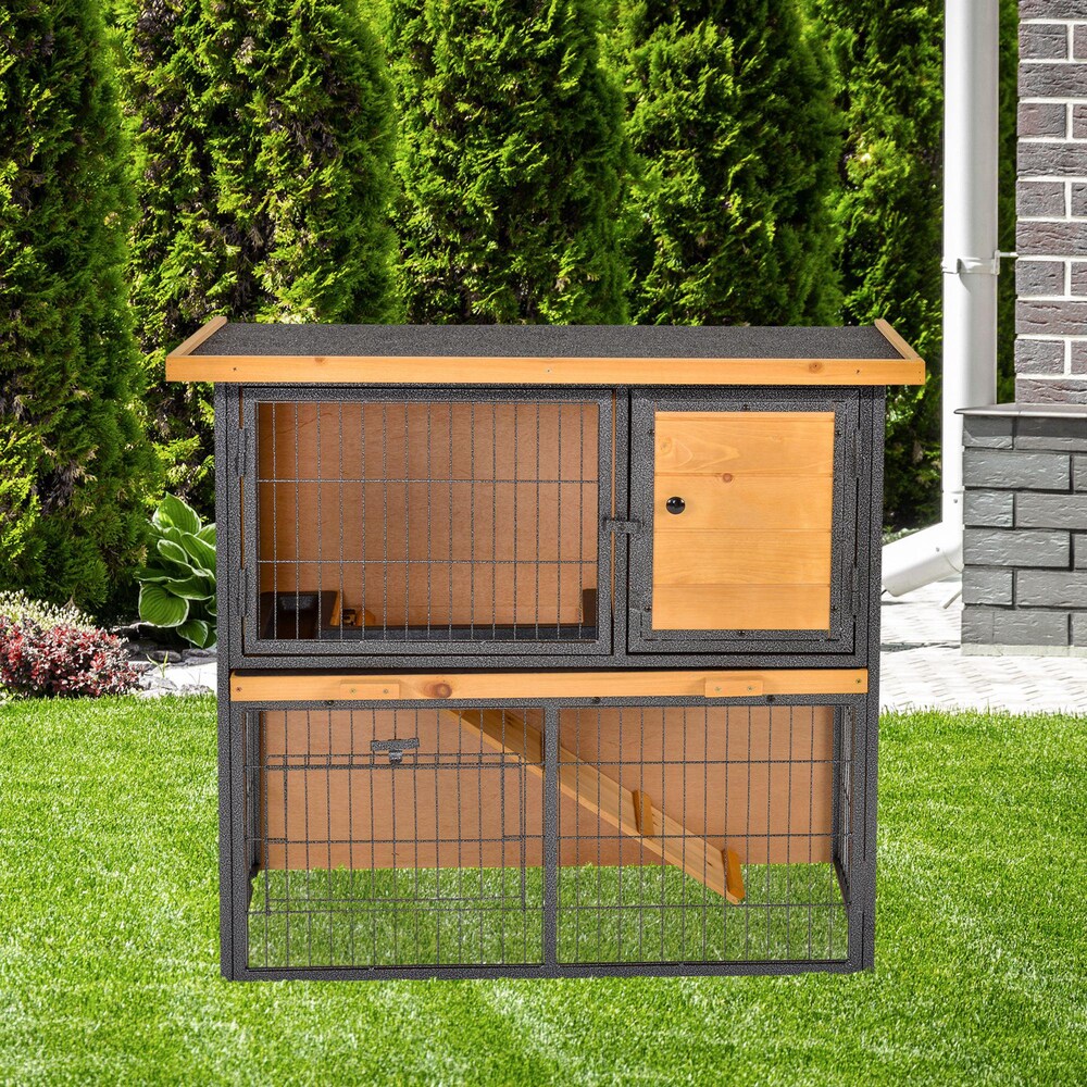Clapier pour lapins, maison pour animaux de compagnie, cage pour lapins, habitat pour petits animaux avec toit ouvrable en asphalte pour l'extérieur