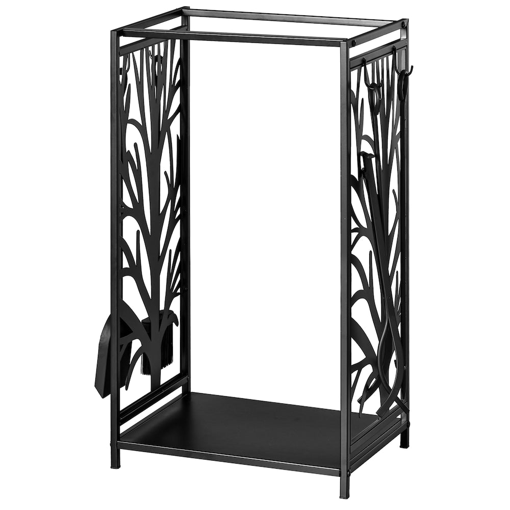 Support à bois de chauffage pour intérieur et extérieur avec 4 outils, porte-bûches, noir