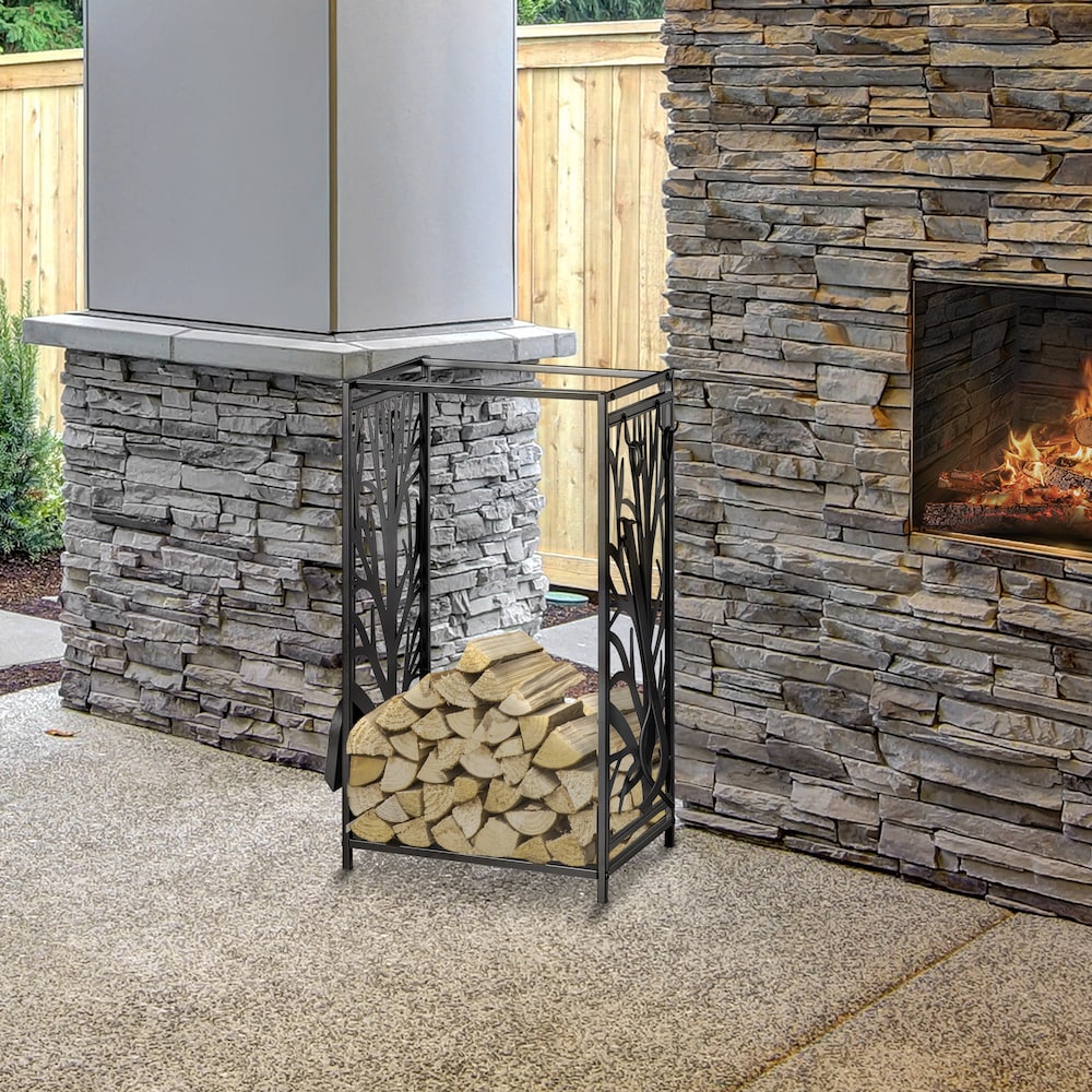Support à bois de chauffage pour intérieur et extérieur avec 4 outils, porte-bûches, noir