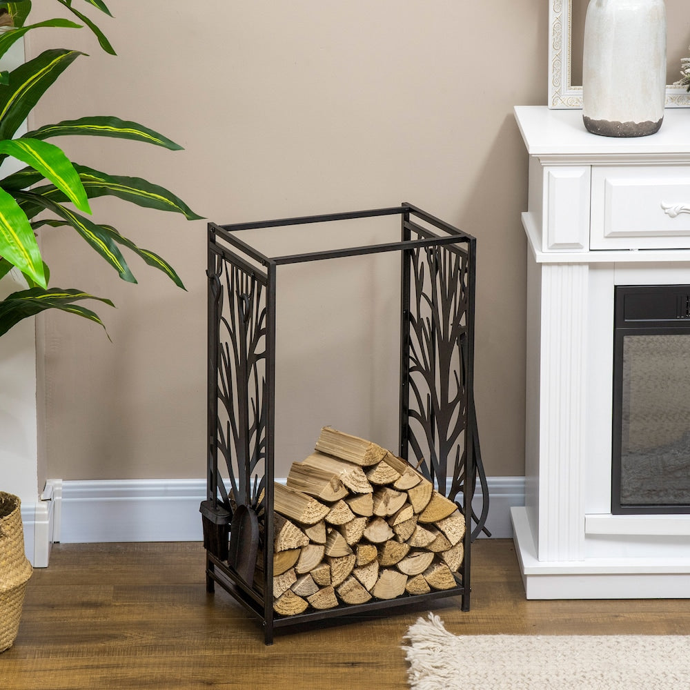 Support à bois de chauffage pour intérieur et extérieur avec 4 outils, porte-bûches, noir