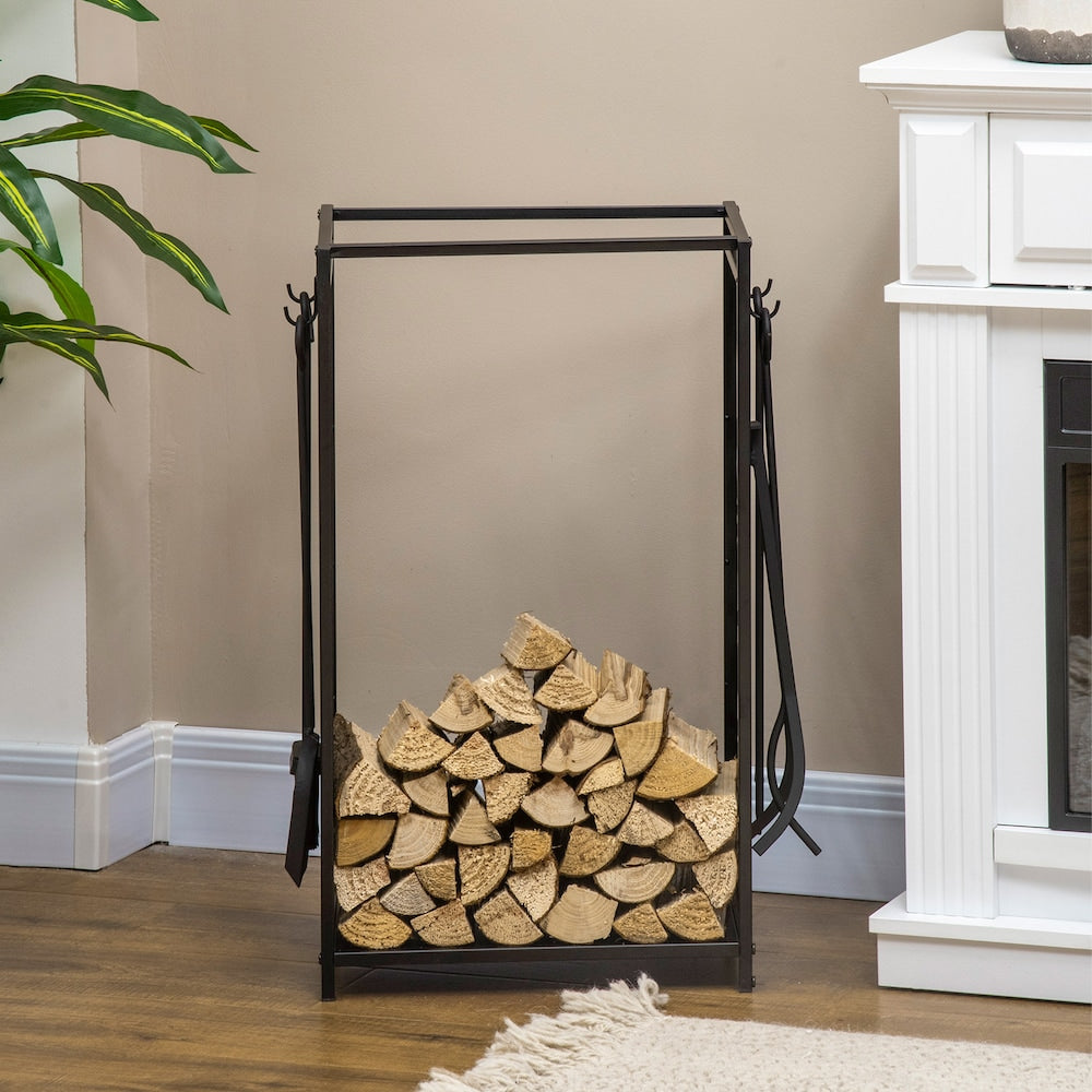 Support à bois de chauffage pour intérieur et extérieur avec 4 outils, porte-bûches, noir