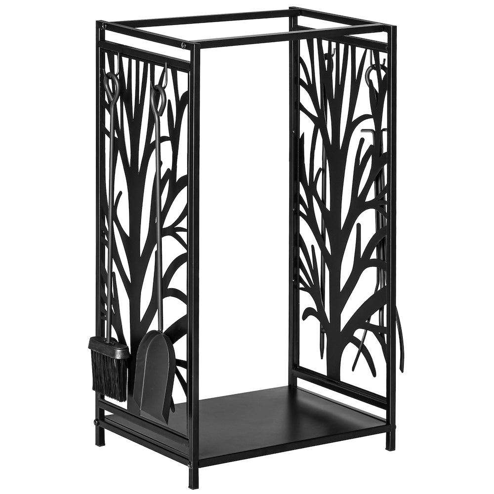Support à bois de chauffage pour intérieur et extérieur avec 4 outils, porte-bûches, noir