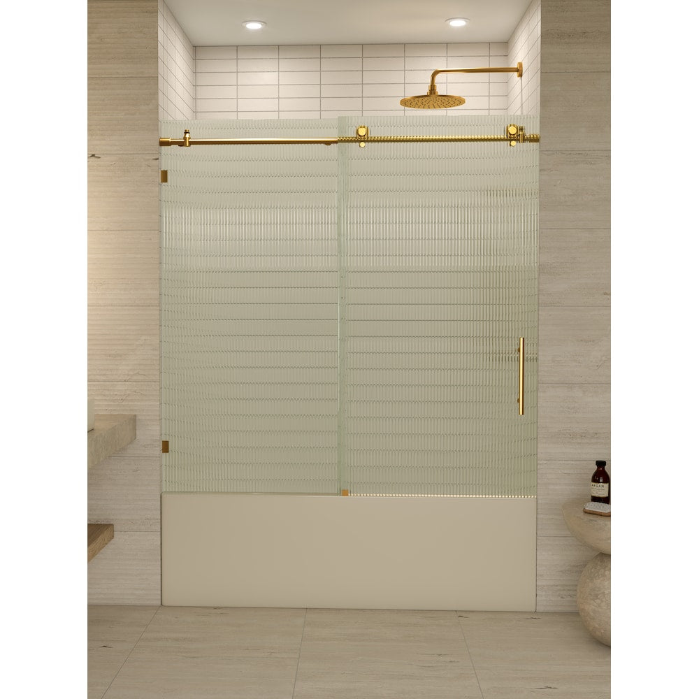 Porte de baignoire coulissante de 56 po à 60 po de largeur x 60 po de hauteur en laiton satiné avec verre cannelé - Côté droit