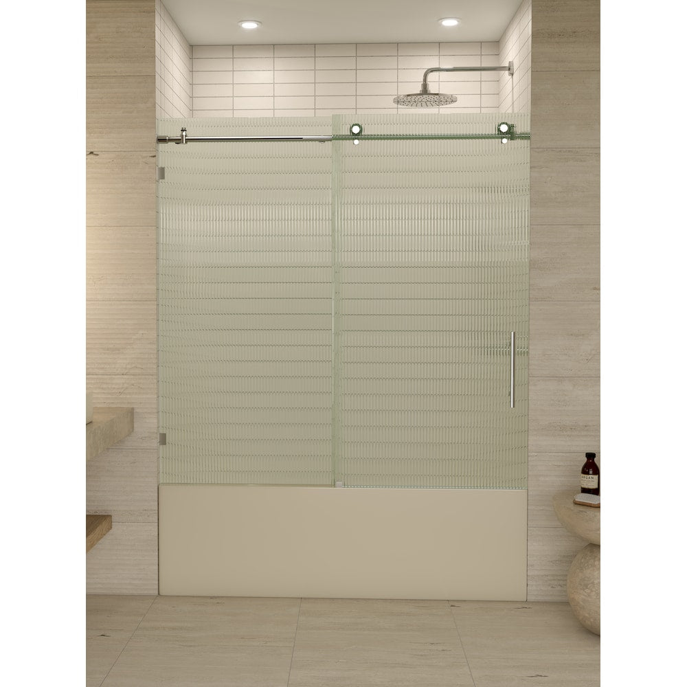 Porte de baignoire coulissante de 56 à 60 pouces de largeur x 60 pouces de hauteur en chrome avec verre cannelé - Côté droit