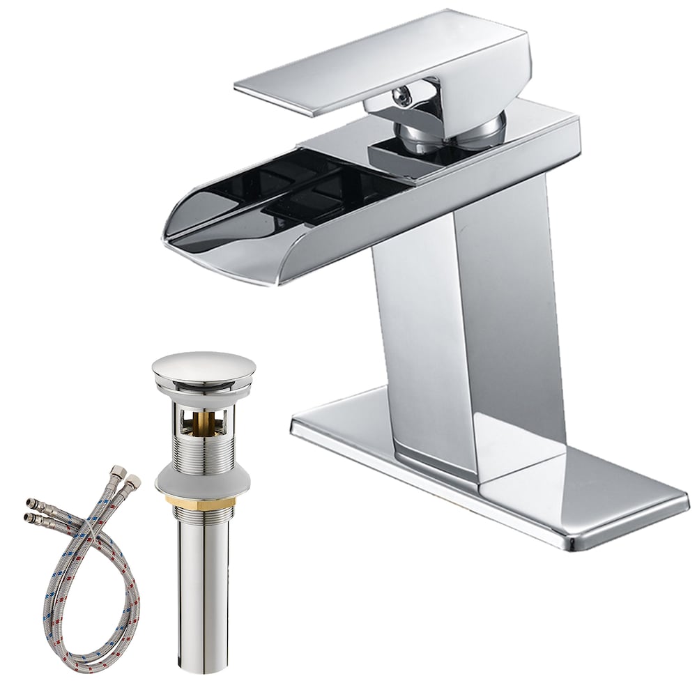 Robinet de salle de bain monotrou à poignée unique avec ensemble de vidage escamotable en chrome poli