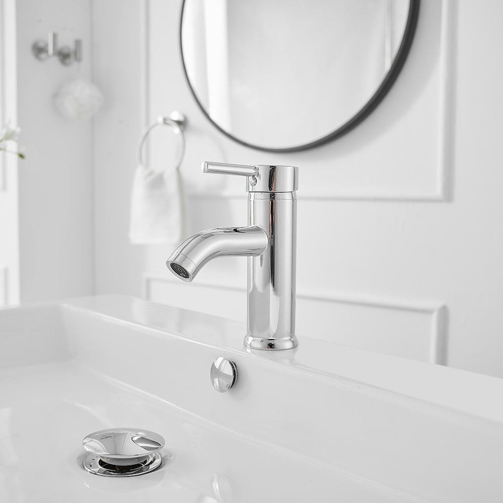 Robinet de salle de bain à poignée unique et trou unique avec bonde escamotable en chrome poli
