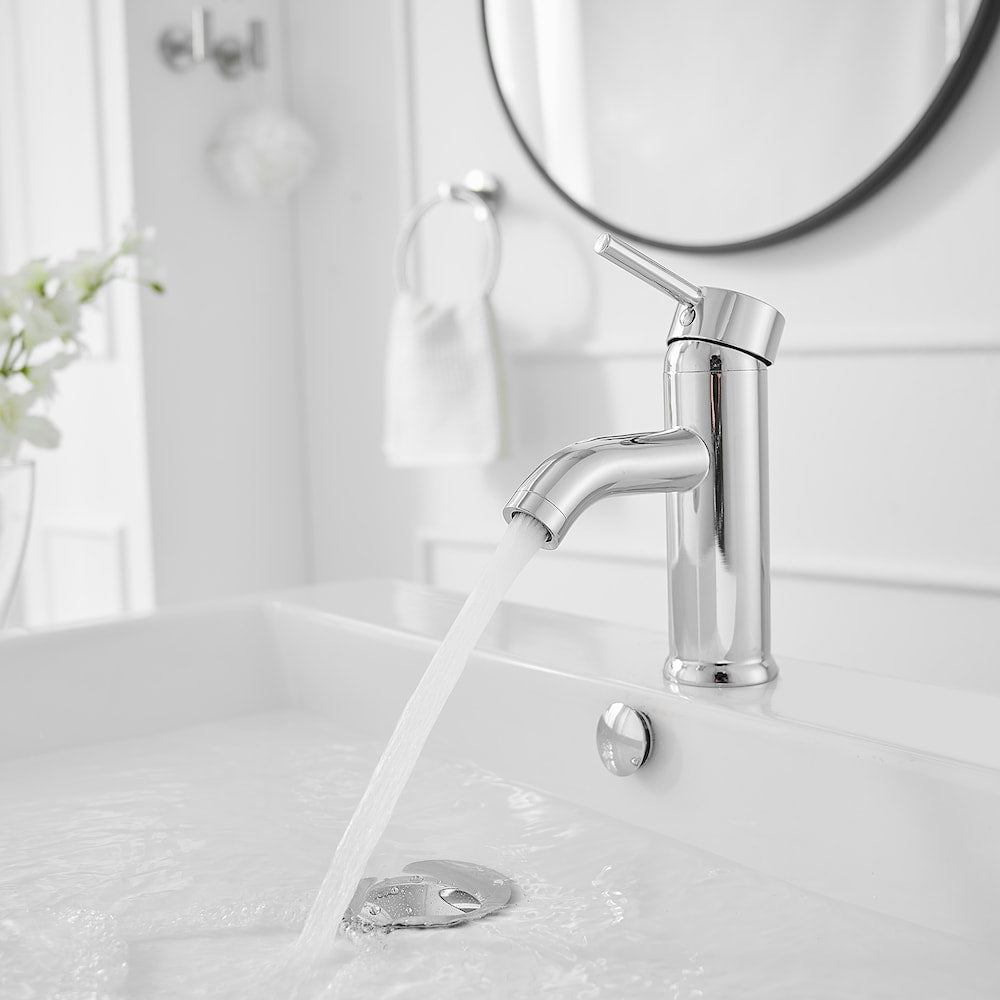 Robinet de salle de bain à poignée unique et trou unique avec bonde escamotable en chrome poli