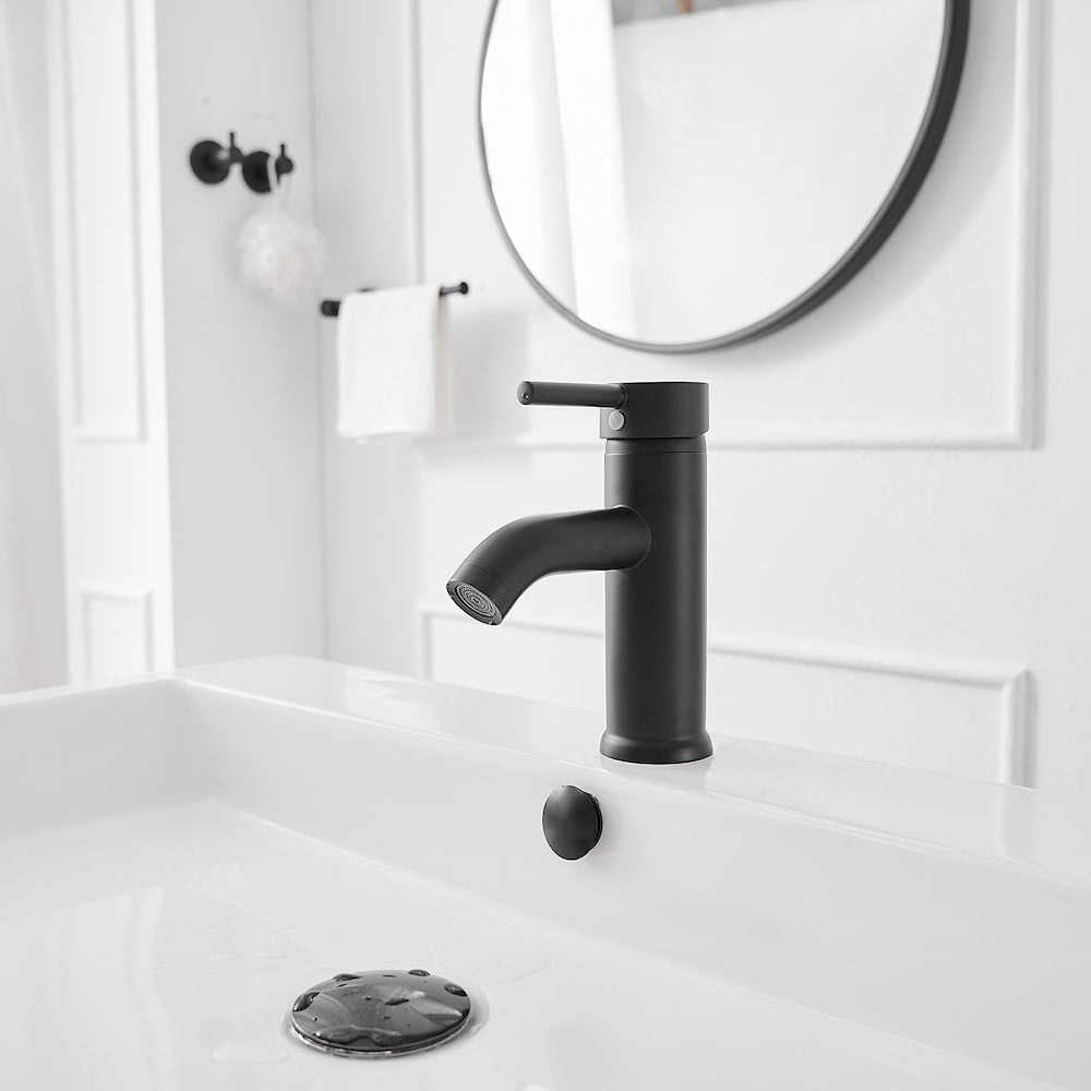 Robinet de salle de bain à poignée unique et trou unique avec bonde escamotable en noir mat