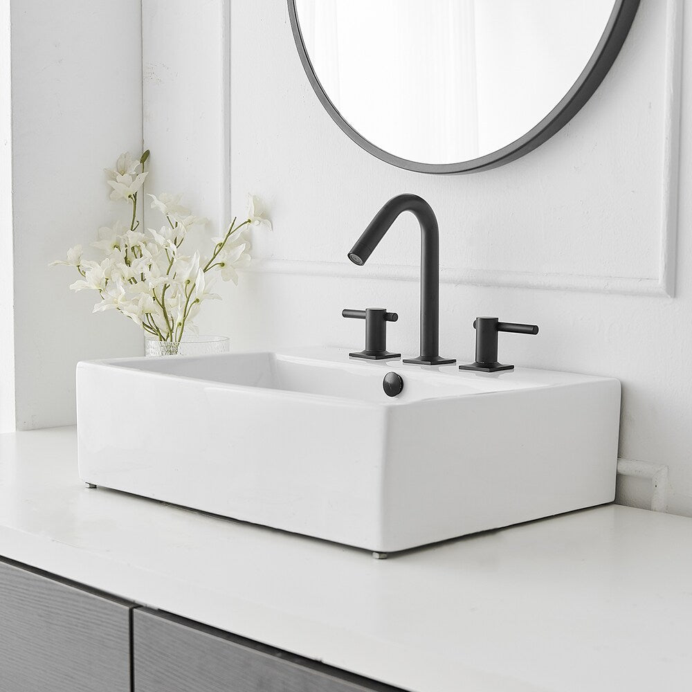 Robinet de salle de bain à double poignée à arc élevé de 8 po à économie d'eau avec kit de vidange en noir mat