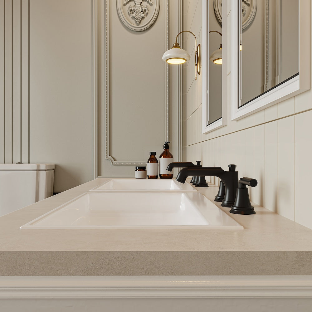 Robinet de salle de bain à double poignée à arc bas et à économie d'eau de 8 po avec ensemble de vidange en noir mat