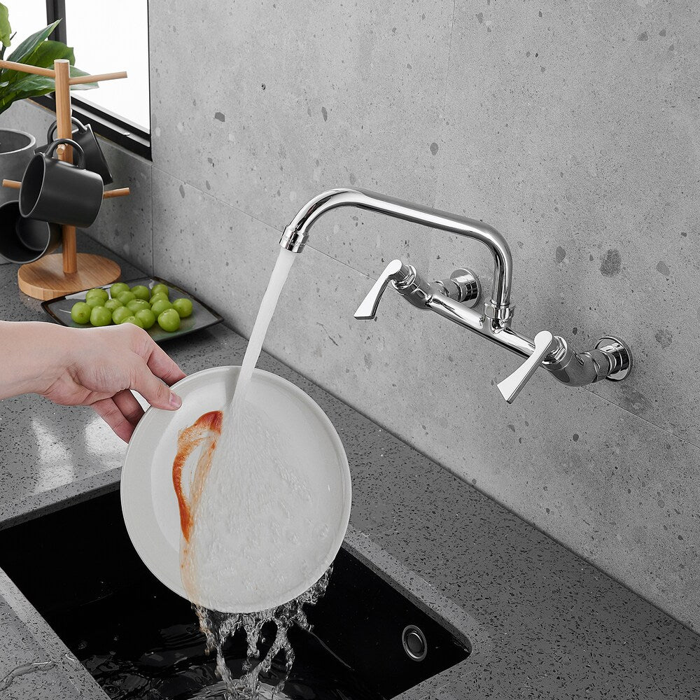 Robinet d'évier commercial à 2 poignées avec bec pivotant de 8 po Robinet de cuisine à montage mural central de 8 po en chrome