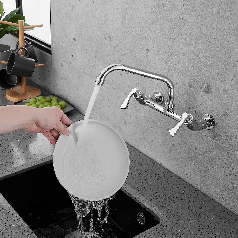 Robinet d'évier commercial à 2 poignées avec bec pivotant de 8 po Robinet de cuisine à montage mural central de 8 po en chrome