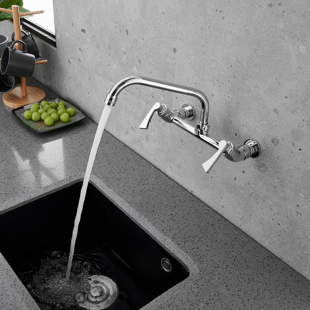 Robinet d'évier commercial à 2 poignées avec bec pivotant de 8 po Robinet de cuisine à montage mural central de 8 po en chrome