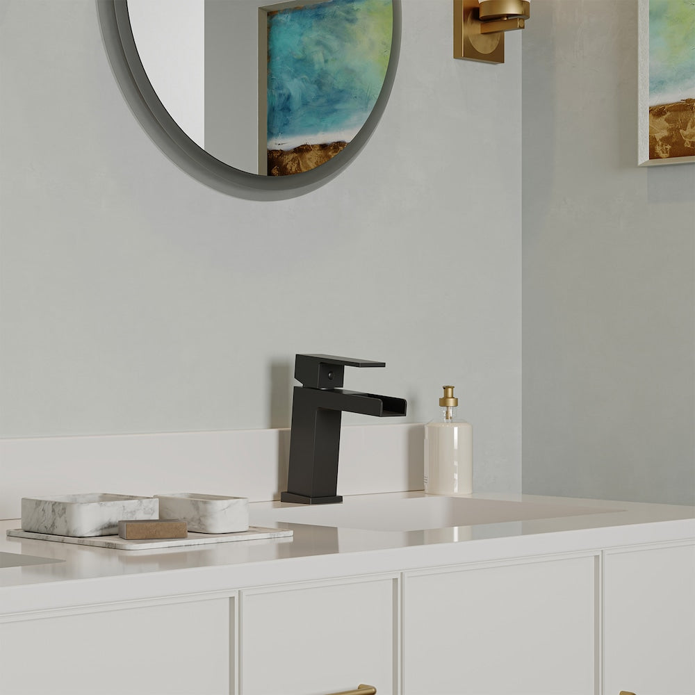 Robinet de salle de bain moderne à poignée unique en cascade, robinet anti-goutte pour lavabo RV en noir