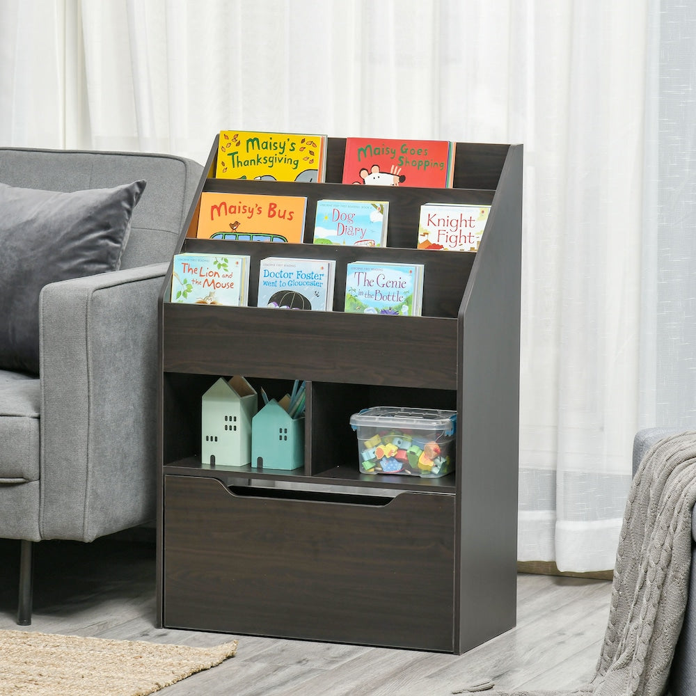 Bibliothèque pour enfants avec étagères multiples et tiroir de rangement pour livres, marron