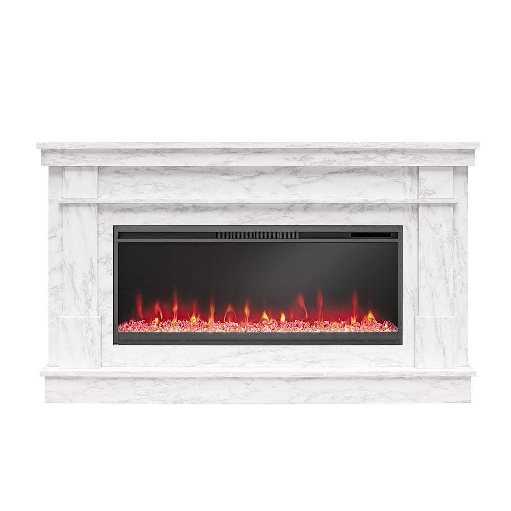 Waverly Wide Mantel with Linear Electric Fireplace, White Marble