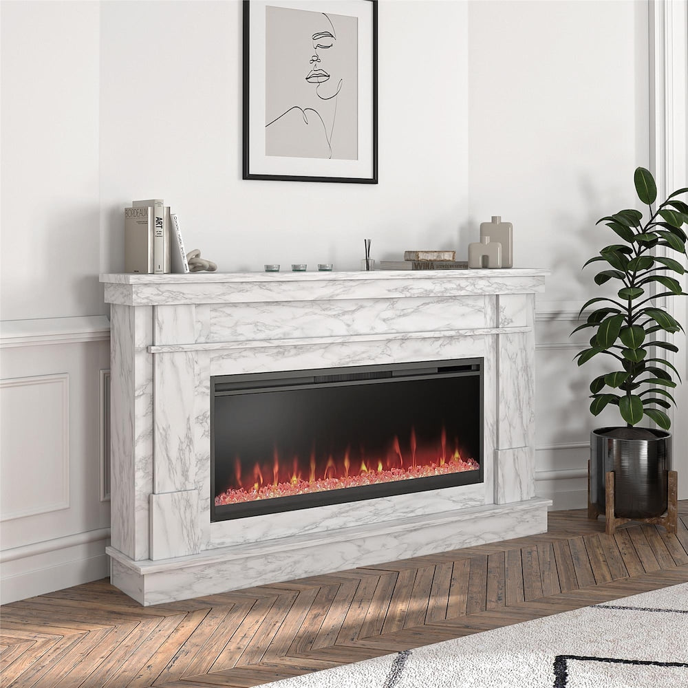 Waverly Wide Mantel with Linear Electric Fireplace, White Marble