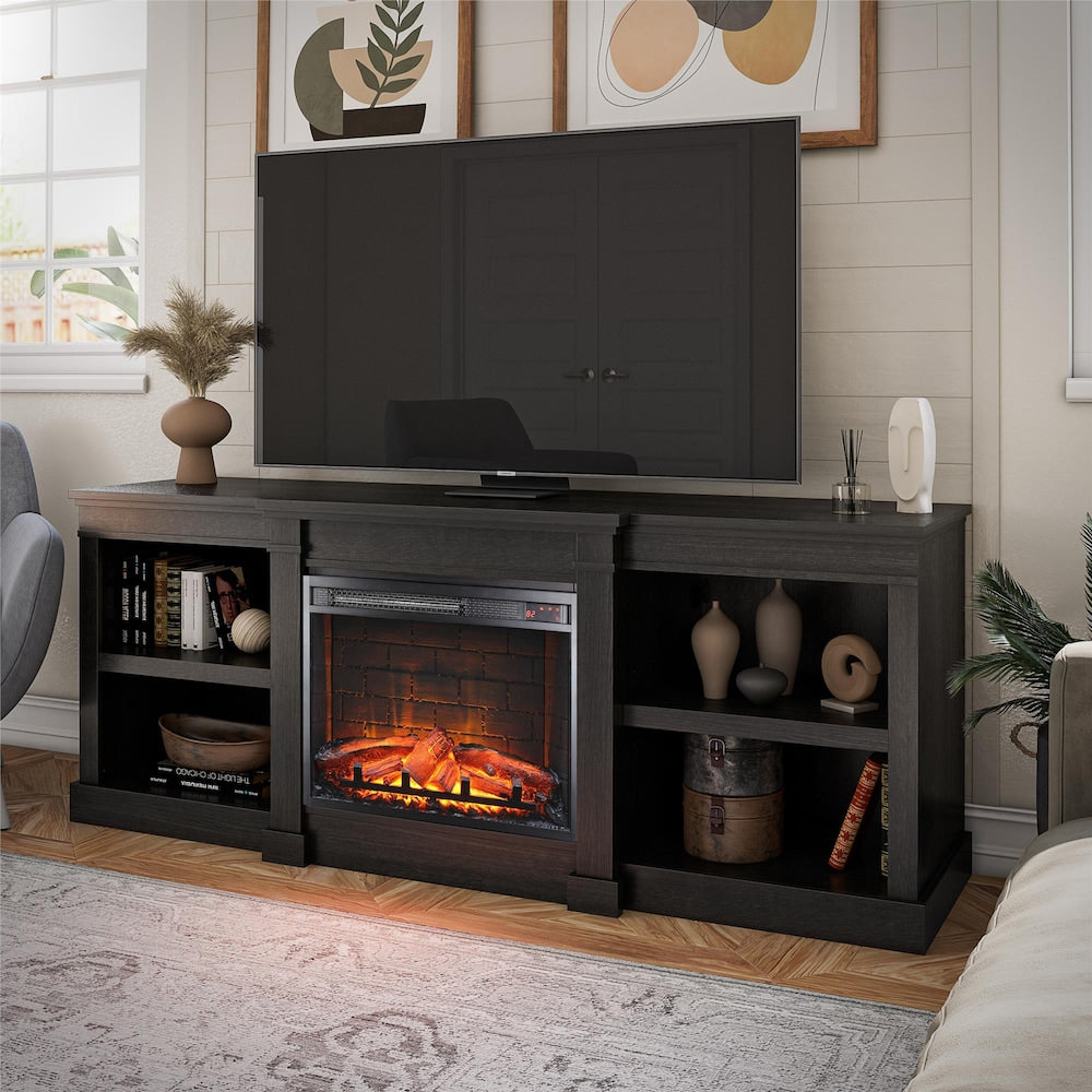 Baileywick 75" TV Console with Electric Fireplace, Black Oak